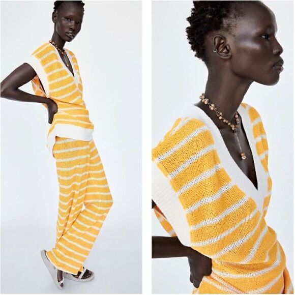 NWT Zara Yellow & White Striped Oversized V-Neck Knitted Sweater Vest, Medium - Picture 5 of 16